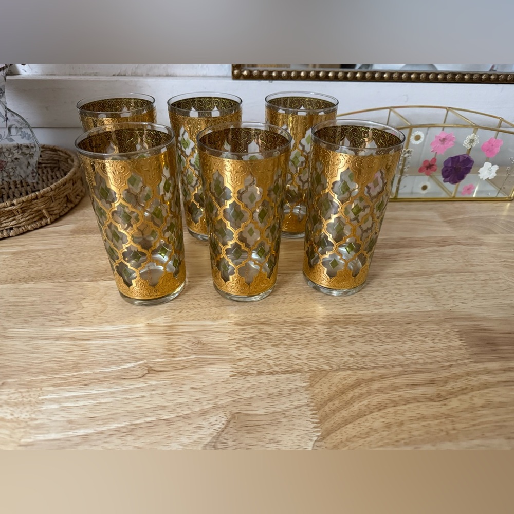 Culver Valencia Pattern Highball Glasses Vintage Barware 22K Gold 6 Glasses